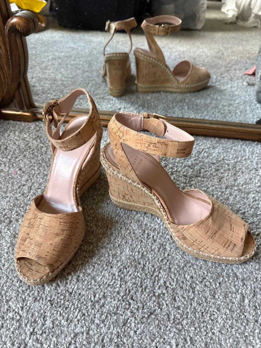 Stuart Weitzman Cork Wedge Sandals Peep Toe Ankle Strap Size 8 (never worn)